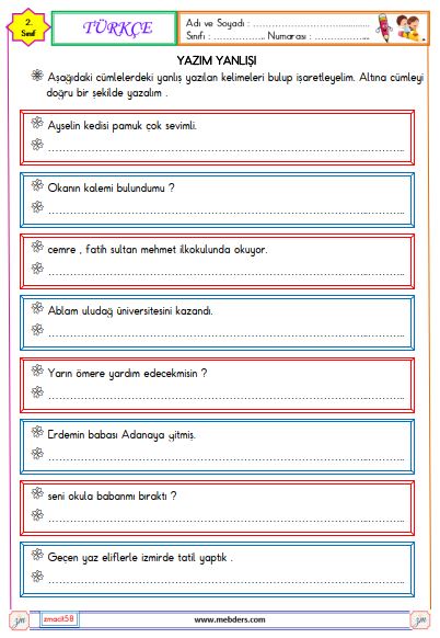 2. Sınıf Türkçe Yazım Yanlışlıkları Etkinliği